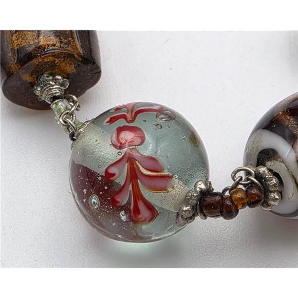 Art Glass Bead Necklace 36" Clear Blue Amber Floral Abstract Silver Tone - Picture 4 of 10